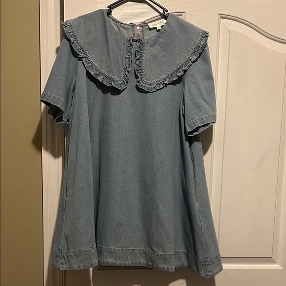 Blue Denim Dress with Ruffled Collar - Picture 1 of 9